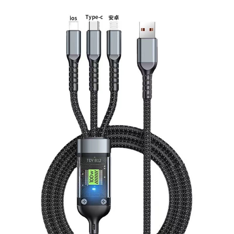 100W súper rápido 3 - en - 1 cable de datos para Huawei Apple teléfono móvil un arrastrador 3 - flash cable de carga trenzado