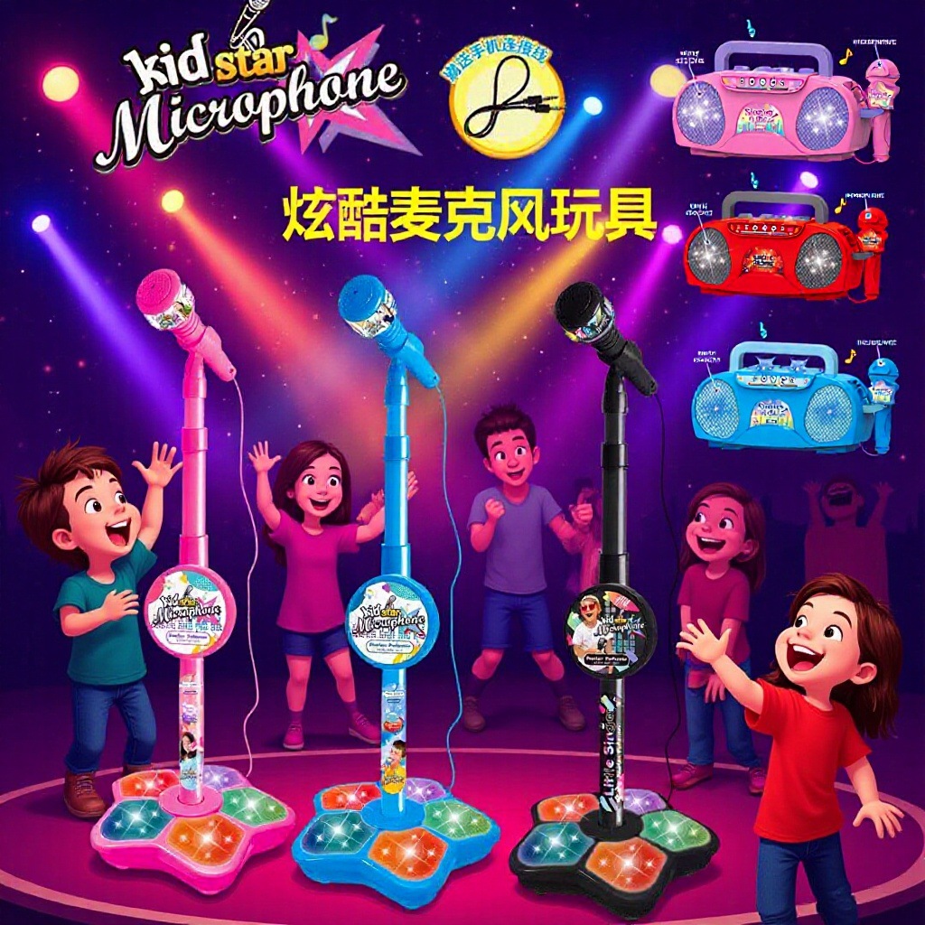 亚马逊外贸儿童麦克风玩具灯话筒带支架站立式卡拉OK批发亲子互动