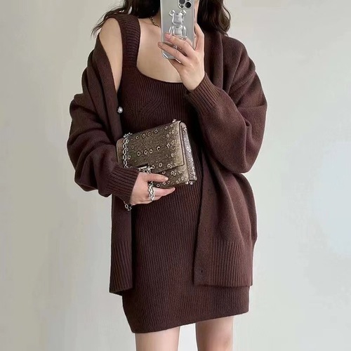 Korean Chic Autumn/Winter Retro Cardigan Long-Sleeve Knitted Sweater Coat + Square-Neck Slimming Strap Dress