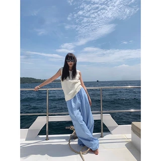 蓝色竖条纹垂感直筒休闲裤男女宽松阔腿拖地长裤显瘦慵懒风