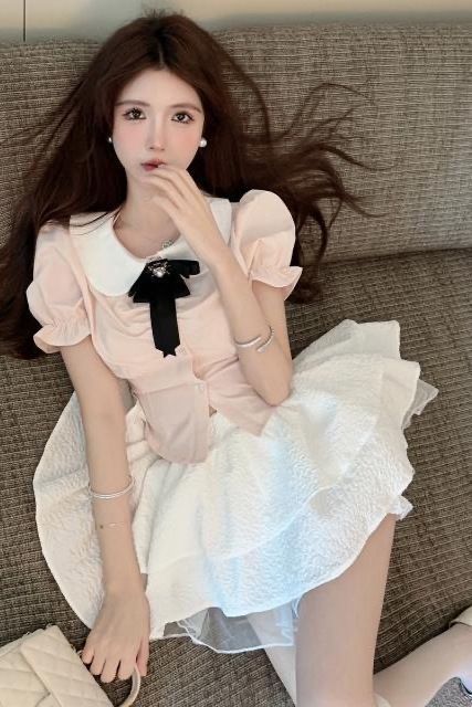 Sweet Preppy Style Suit for Women Pink Bow Puff Sleeve Shirt Cake Fluffy Skirt Jk Two-Piece Summer Set