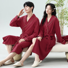 红色喜庆情侣睡衣纯棉长袖男女士睡裙开衫中长款本命年家居服睡袍