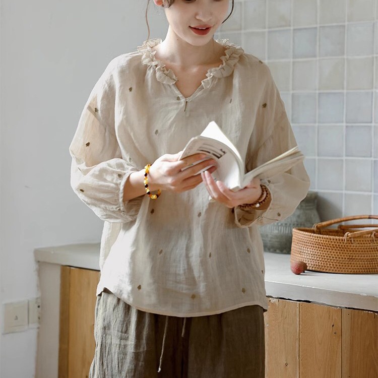 2025 Spring and Summer New Style Embroidered Ramie Lace Collar Pair of Silk Craft Shirts Literary Casual T-Shirt Women's Tops