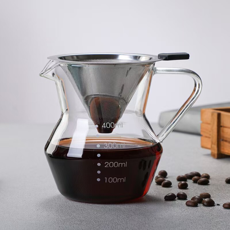 Conical Graduated Glass Sharing Pot with Handle and Scale, Coffee-Specific Set, Filter-Free Pour-Over