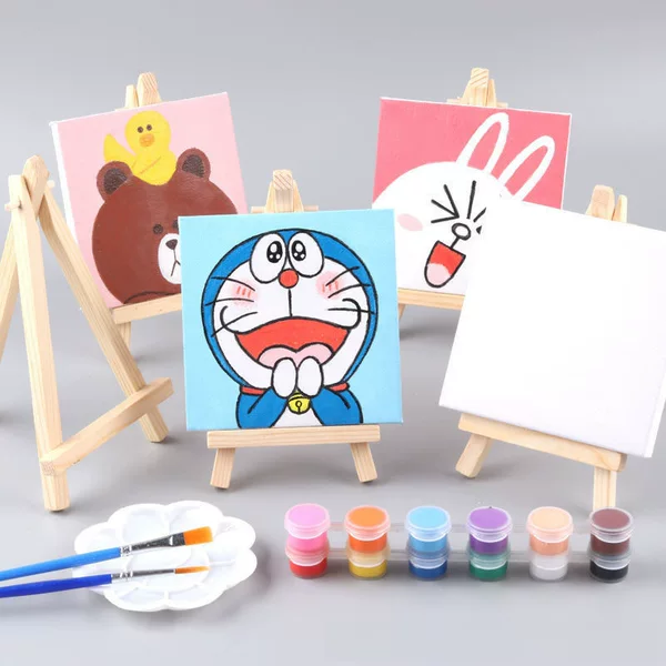 Blank Mini Oil Painting Frame 10*10 Small Painting Board Easel Set Polyester Cotton Canvas Acrylic Painting Factory Direct Sale