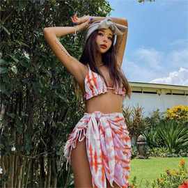 2024批发欧美性感比基尼三件套保守Bikini纱裙复古分体泳衣女批发