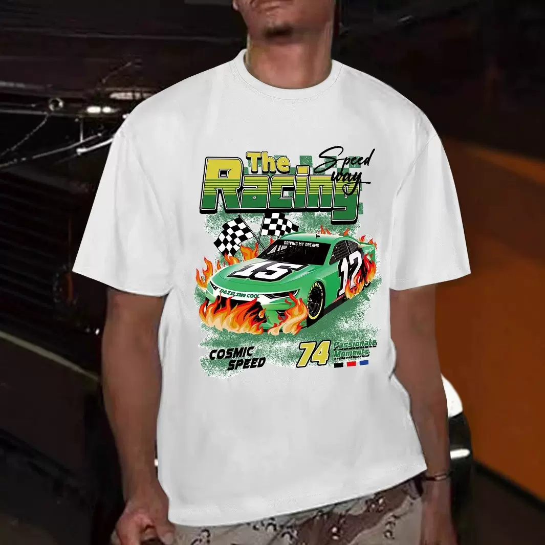 跨境复古赛车口号街头风潮酷短袖情侣潮牌T恤男夏季街头服饰