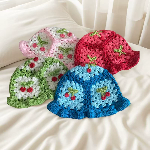 ins cherry fisherman hat, purely hand-knitted wool hat, sweet and cute, same style as popular on the internet, makes the face look smaller