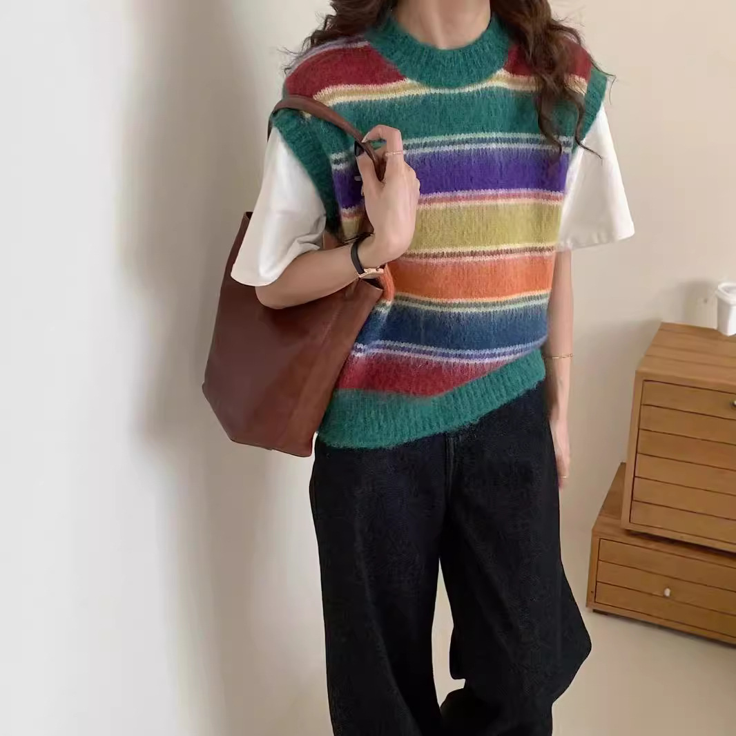 Autumn retro rainbow knitted cardigan