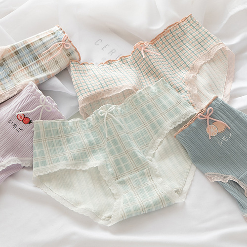 Plaid Japanese underwear women's ribbed cotton girls' pants pure cotton crotch mid-waist shorts women's crotch briefs wholesale