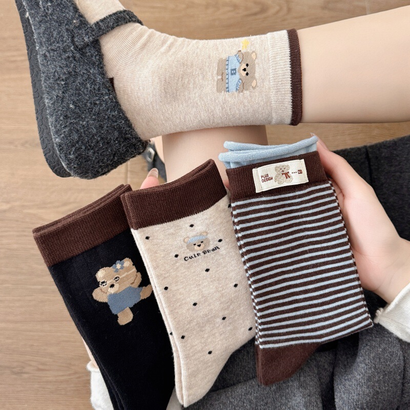 Seamless Pure Cotton Mid-Calf Socks for Women, Cute Cartoon Bear, Autumn and Winter Korean Style, Ins Striped Fabric Label, Simple Long Socks Seamless Pure Cotton Mid-Calf Socks for Women, Cute Cartoon Bear, Autumn and Winter Korean Style, Ins Striped Fabric Label, Simple Long Socks