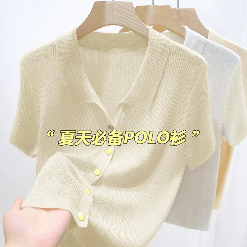 Korean-Style Light-Colored Polo Collar Slim-Fit Short-Sleeve T-Shirt for Women, Summer Knit Thin Button-Up Cardigan Top Korean-Style Light-Colored Polo Collar Slim-Fit Short-Sleeve T-Shirt for Women, Summer Knit Thin Button-Up Cardigan Top