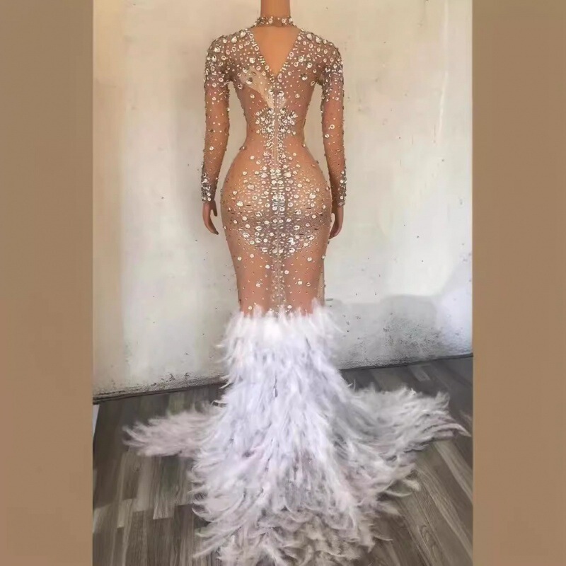 Hot Selling Long-Sleeved Feather Long Skirt Stage Performance Clothing Birthday Clothing Sexy Holiday Wedding Dress Celebration Evening Dress