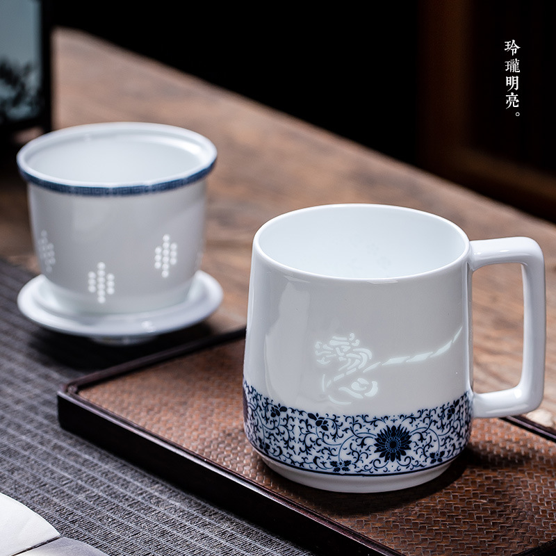 景德镇玲珑白瓷高端陶瓷茶杯茶水分离高级感水杯办公杯过滤泡茶杯