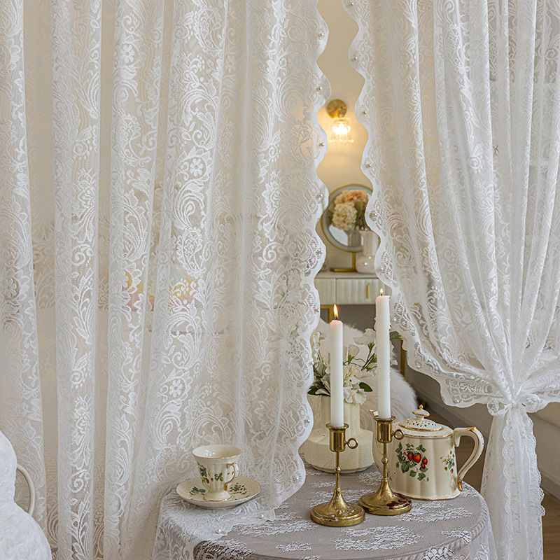 French-Style Light Luxury Milk Coffee-Colored Lace Sheer Curtains, Light-Transmitting but Not See-Through, Bedroom Ins-Style High-End Bay Window Sheer Curtains