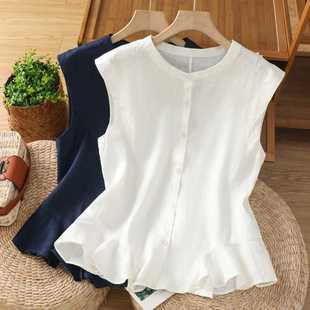 Real Shot of Korean Sweet Round Neck Ruffled Patchwork Waist Shirt for Women Summer New Versatile Sleeveless Babydoll Shirt