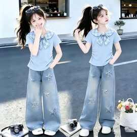 女童夏装套装2026学院中大童时髦韩系短袖洋气牛仔裤夏季两件套潮