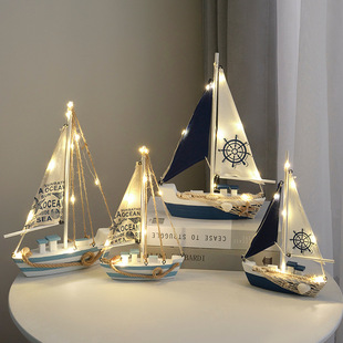 Mediterranean Sailboat Model Ornaments Smooth Sailing Wooden Boat Craft Boat Home Decoration Seaside Gift