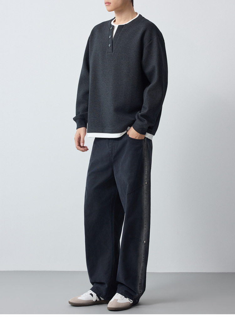 Áo hoodie nam nỉ hai lớp giả phối cổ tròn tay dài — Xám hoa sâu chi tiết 22