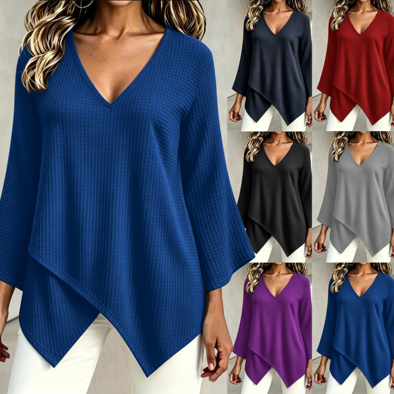European and American cross-border foreign trade fashion solid color waffle knit women's long-sleeve asymmetrical top, new autumn 2026 model