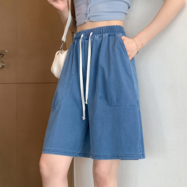 Tencel Denim Shorts for Women, Summer Thin High-Waisted Wide-Leg 2026 New Style Loose Straight Hong Kong Style Ice Silk Five-Point Pants