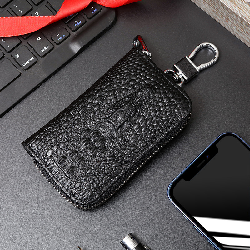 First-Layer Cowhide Car Key Case with Crocodile Head Pattern, Genuine Leather Keychain for Men and Women, Large Capacity Remote Control Storage Bag