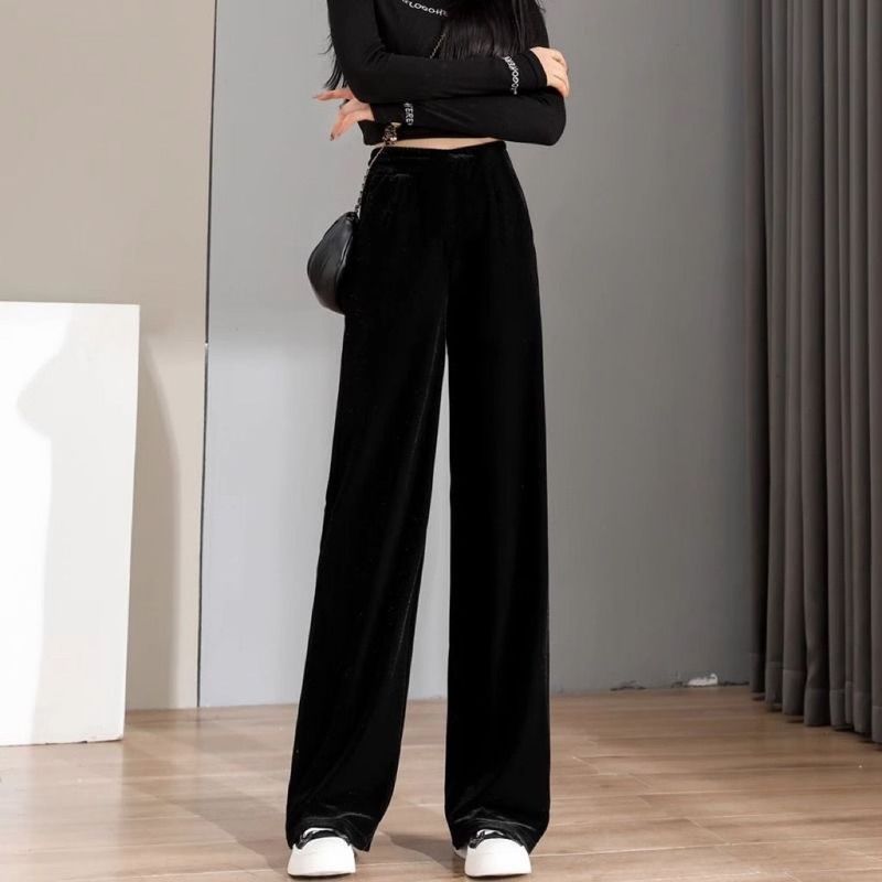 金丝绒阔腿裤女加绒感垂感丝绒女裤子秋冬高腰直筒裤大码|undefined