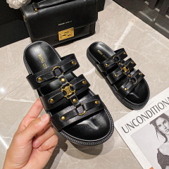 凱旋門厚底羅馬涼拖女2024夏新款復古鉚釘露趾一字拖外穿大碼女鞋