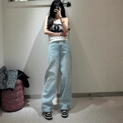 南油婦人服2025春夏新作韓国系ワイド脚ジーンズ女性レトロプリント焼花ゆるいストレートズボン
