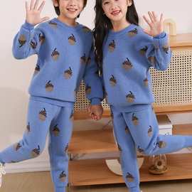 纯羊毛加厚毛衣毛裤套装男女通秋冬休闲保暖套装中小童羊绒童装