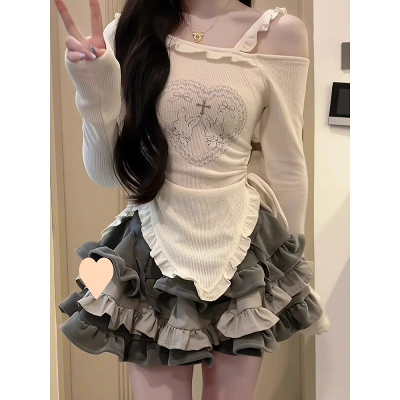 Xianchunyu, ранний осенний наряд, костюм для женщин, утягивающий белый топ, тяжелая юбка-пачка, комплект из двух предметов