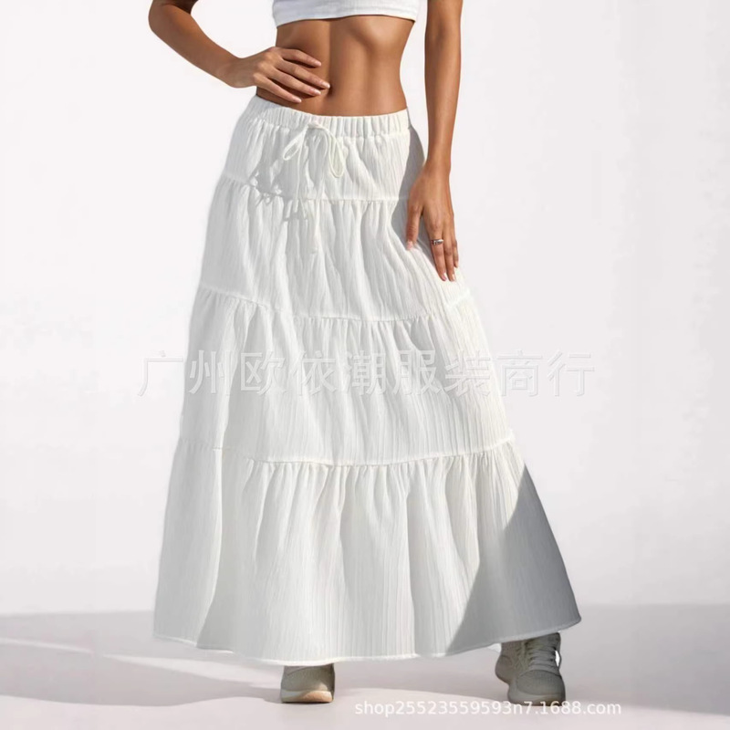 In-Stock Amazon Cross-Border Hot-Selling 2025 New Arrivals: Elastic Waist Flared Skirt, European and American Style Loose Tiered Long Skirt