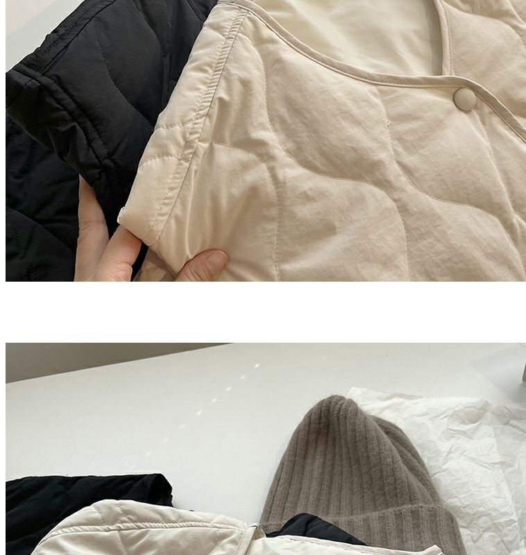 Collarless lamb wool splicing light and thin winter Korean version loose small fragrant dia plaid warm cotton jacket_voghion.com