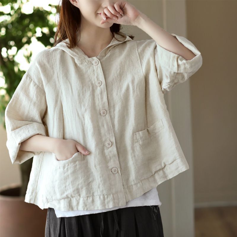 2026 New Retro Cotton Cardigan Women's Loose Spring and Summer Thin Casual Hooded Long Sleeve Outer Sun Protection Short Jacket