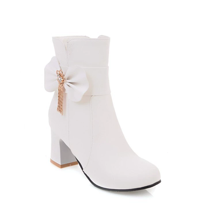 Foreign trade bow round toe high heel women's short boots foreign trade large and small thick heel short boots for women