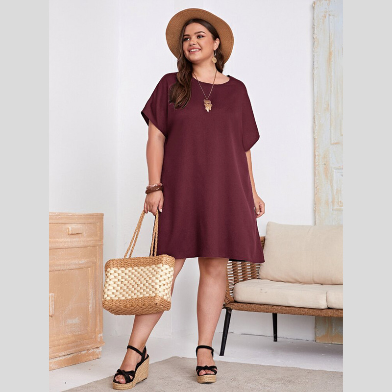 2022 europeo y americano transfronterizo Amazon estación independiente más tamaño ropa de mujer nuevo color sólido cuchara collar Batwing manga vestido image 10