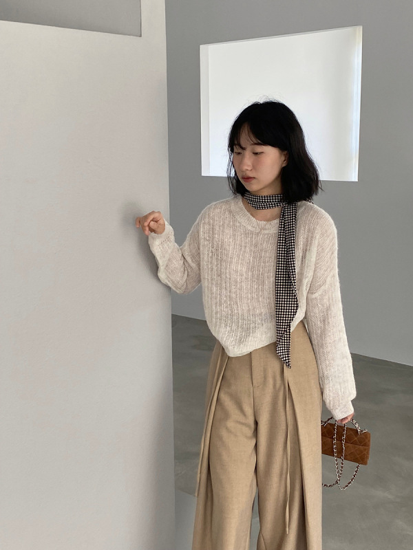 江左 慵懒宽松落肩袖羊毛马海毛针织2025秋季薄微透叠穿上衣 0616|undefined