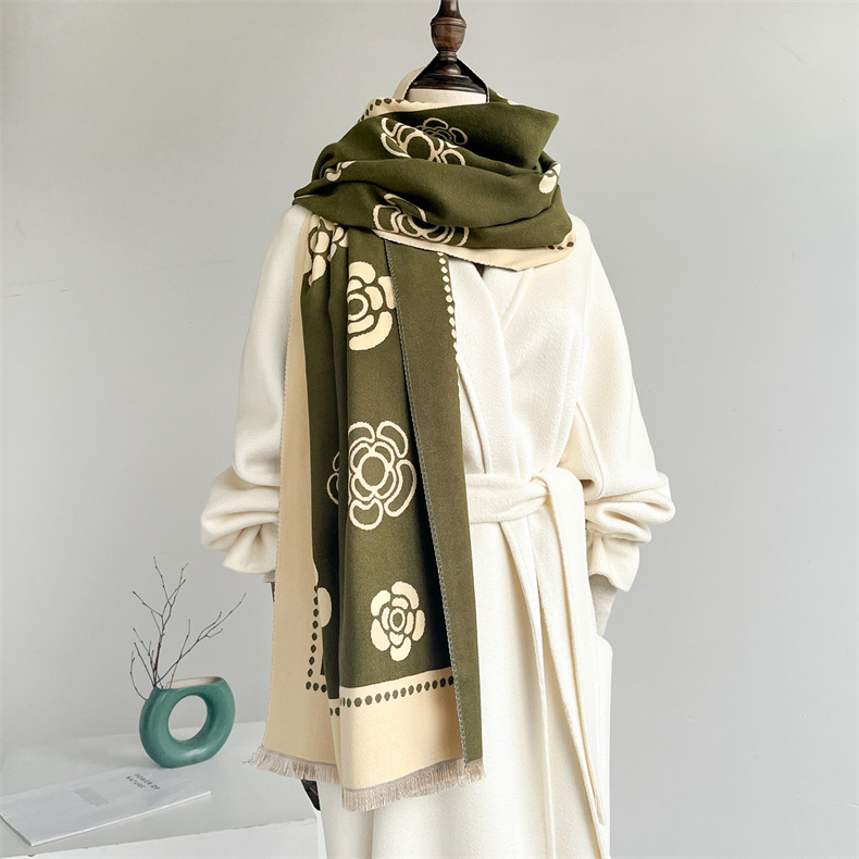Temperament small fragrant scarf women's versatile coat decorative warm camellia scarf dual-purpose cashmere shawl thick_voghion.com
