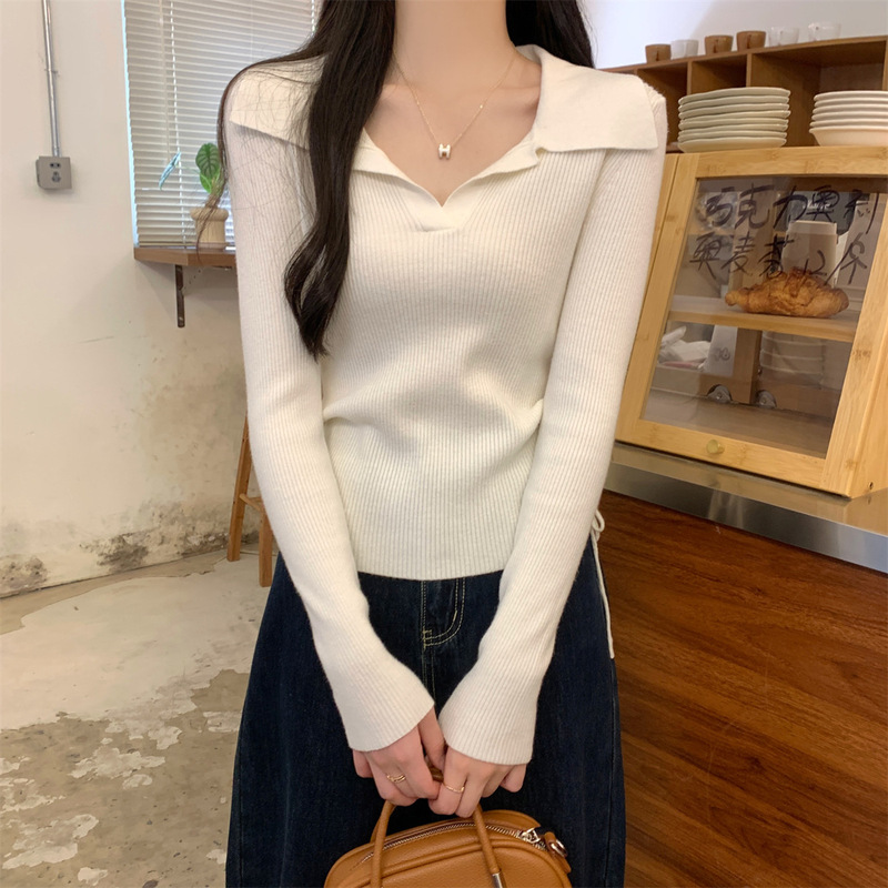 实拍 2025早秋韩版新款设计感抽绳收腰polo领长袖内搭针织衫上衣|undefined