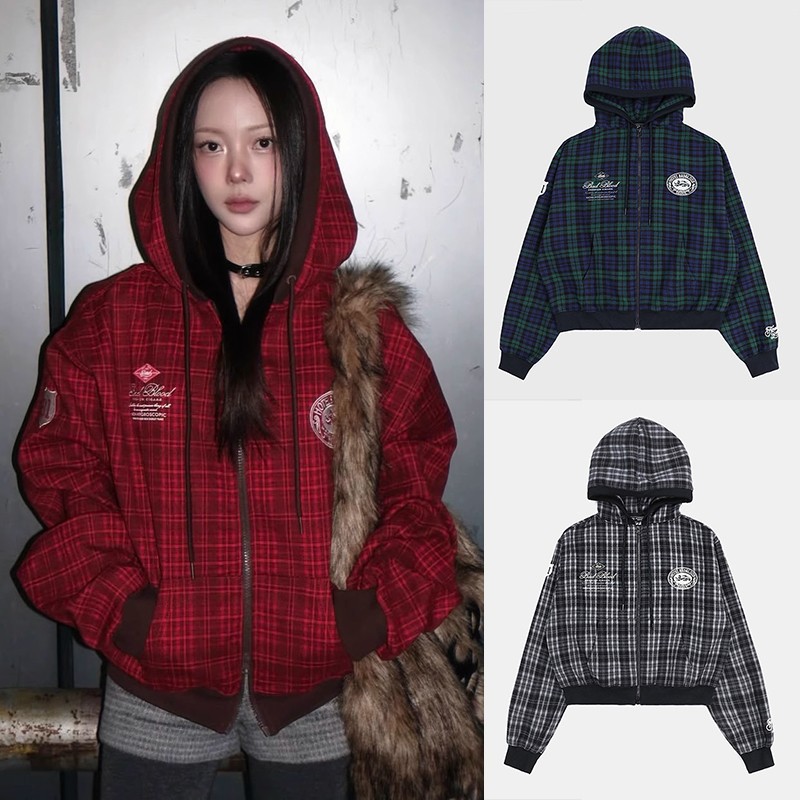 Korean Badblood Bcac Series Loose Plaid Sweatshirt Women's Sports Casual Hoodie Jacket Top Trendy