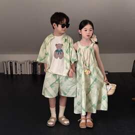 儿童新款夏季套装格子控姐弟装衬衣两件套度假挂脖裙兄妹装连衣裙