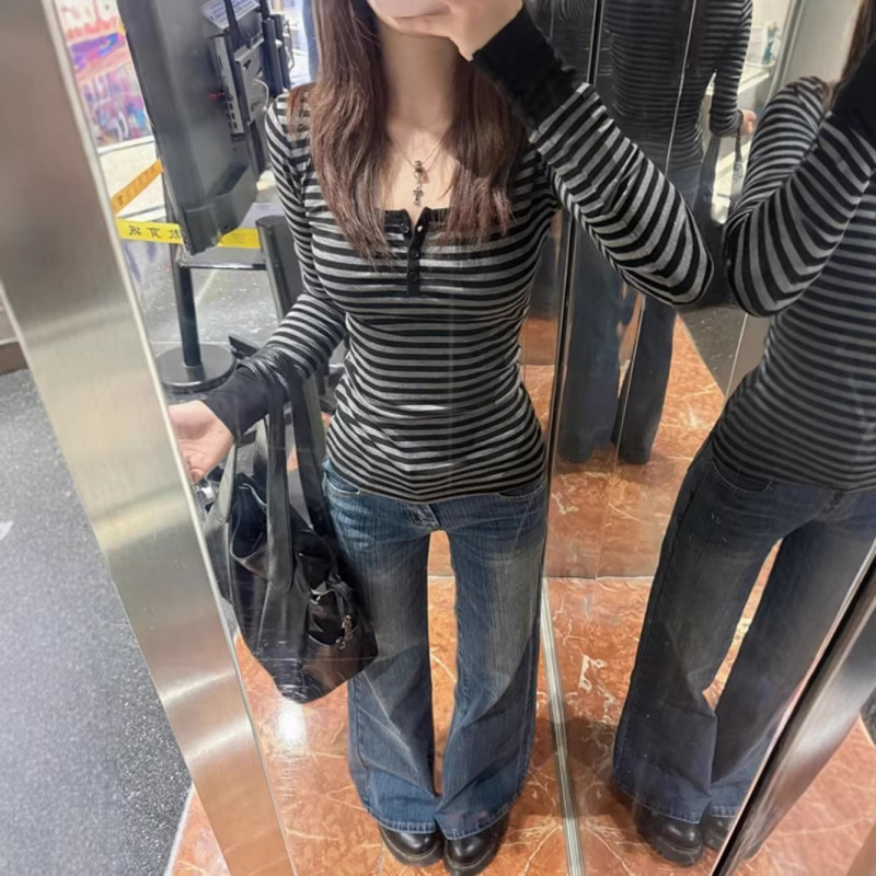 American Retro Striped U-Neck Long-Sleeve T-Shirt for Women, Spring and Autumn, Spicy Style, Slim Fit, Base Layer Top