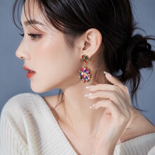 欧美跨境合金几何镶满钻圆形设计女士耳坠轻奢复古典雅气质款耳饰