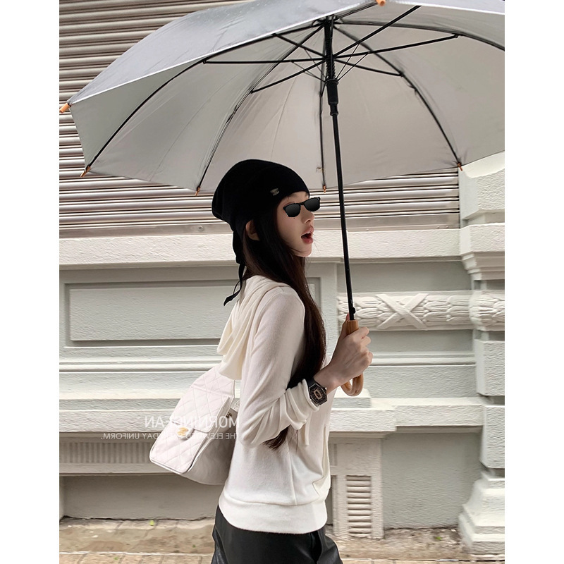 Good Morning, Fanfan, the "Pick-Up King," White Hooded Sweatshirt, Zip-Up Jacket, Women's Thin, Off-Shoulder, Short Cardigan Top