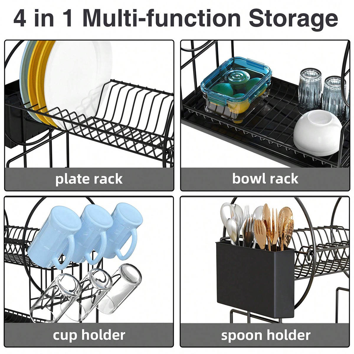 Transfronterizo negro de doble capa de platos con bandeja de agua abierta, estante de platos desmontable con palillos, jaula de tazas colgantes