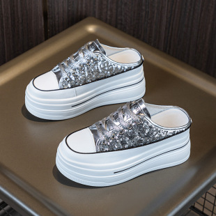 7.5cm Height-raising Genuine Leather Baotou Half Slippers Women's 2024 Spring New Arrival Sequined Thick-soled Non-heel Lazy Shoes Trendy