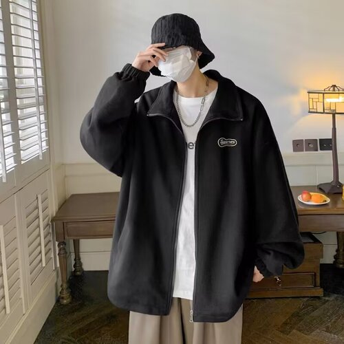 Zippered sweater men's spring and autumn hooded sports cardigan coat fashion brand design loose waffle lapel coat