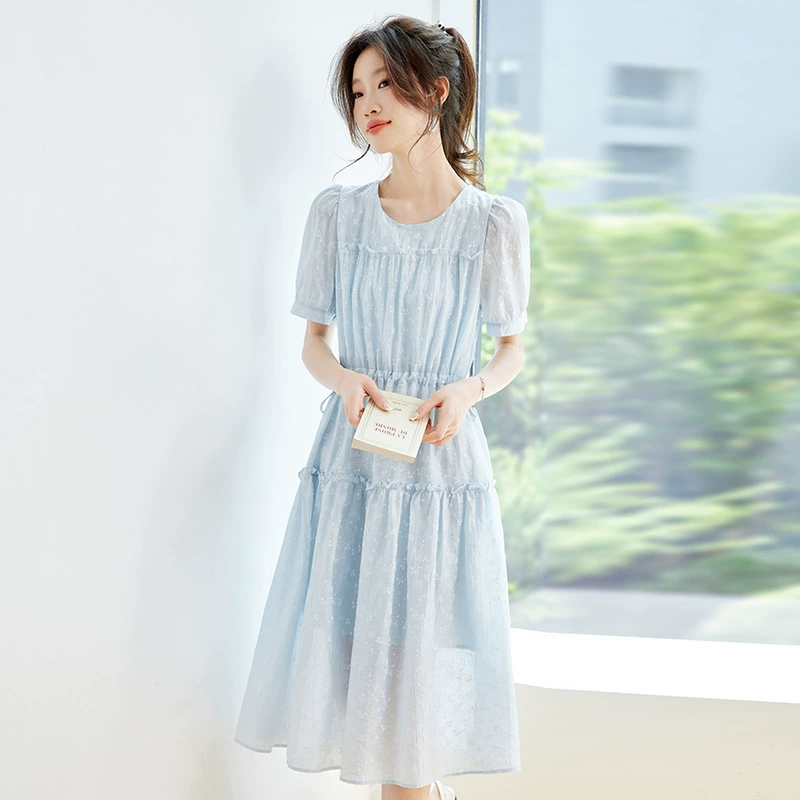 Высококачественная нишевая юбка, не вступающая в конфликты, модная леди, милое синее светлое роскошное платье с круглым вырезом и пышными рукавами с краями ушей.
