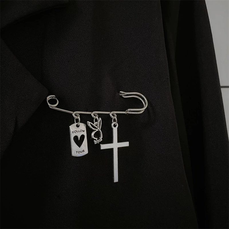 Gothic Cross & Charm Brooch Pin Set, Vintage Star, Heart, Lightning & Planet Charms, 6 cm