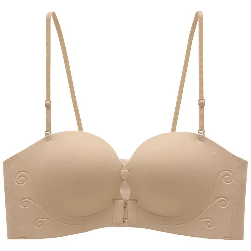 Женское нижнее белье без бретелек на пуговицах спереди для женщин с маленькой грудью, нескользящий, не падающий топ-труба, невидимый бесследный красивый бюстгальтер с жидкой основой на спине.